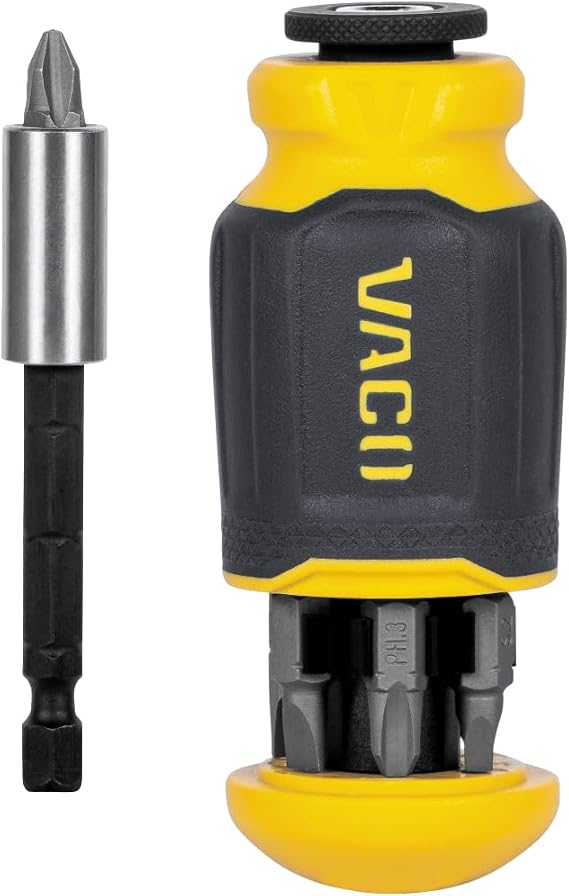 VACO VAC1080 Multi-Bit Stubby Screwdriver, Impact Driver, 8-in-1 Adjustable Magnetic Tool with Phillips, Slotted, and Square Bits