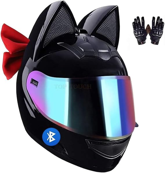 Cute Street Cat Ears Bluetooth Motorcycle Helmet, Full Face Cool Girl Scooter Flip up Visors Motorbike Helmet, Men Adults Helmets for Moped Cruiser Jet Chopper, DOT Certified, Four Season, S-XL