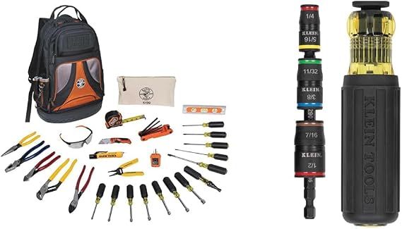 Klein Tools 80028 Hand Tools Kit includes Pliers & 32900 Impact Driver, 7-in-1 Impact Flip Socket Set with Handle, 6 Hex Driver Sizes plus a 1/4-Inch Bit Holder