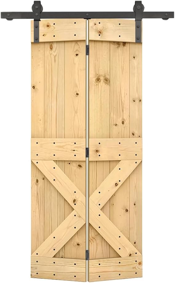 36 in. x 84 in. Mini X Series Unfinished DIY Wood Bi-Fold Barn Door with Sliding Hardware Kit