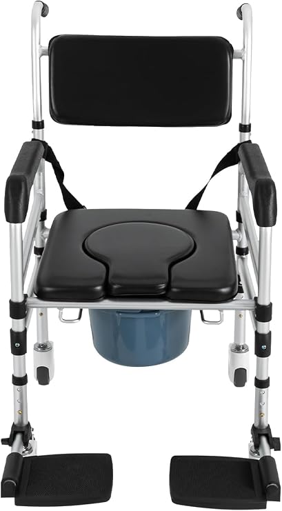 Shower Chair with Wheels Rolling Commode Chair for Toilet with Arms, Adjustable Height Folding Bath Commodes for Inside Shower, Bedside Wheelchair Bathroom Chairs for Elderly, Disabled, Injured