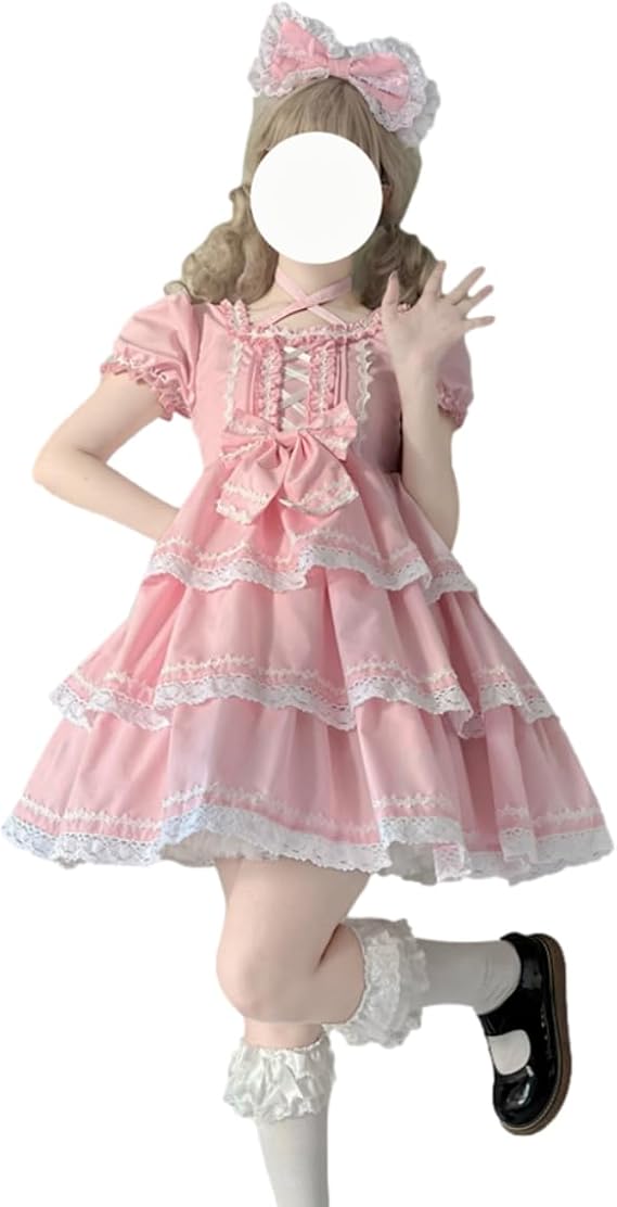 Sweet Lolita Dress Teens Kawaii Puff Sleeve Lace Tiered Ruffle Princess Japanese Anime Cosplay Party Dresses