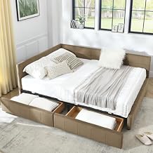 Antetek Queen Daybed with Storage Drawers, Modern Corner Tufted Velvet Upholstered Queen Size Sofa Day Bed Frame with Wooden Slats for Bedroom Guest Room Living Room, No Spring Boxes Needed, Brown
