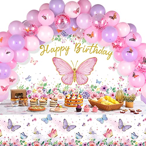 Tiamon Butterfly Happy Birthday Party Decorations Include Pink Purple Balloon Arch Kit Photography Backdrop Banner Tablecloth 3D Butterfly for Girl Birthday Party Supplies Decor
