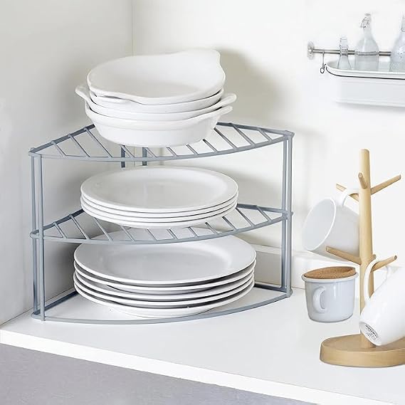 3-Tier Corner Kitchen Cupboard Organiser – Chrome Storage Rack for Plates, Mugs, Bowls, Dinner Sets, Space-Saving Shelf Unit Holder, Kitchen Storager, Cupboard Rack, Kitchen Accessories