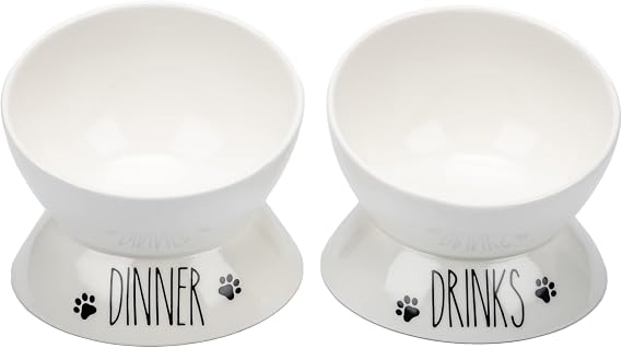 Prefurred Pet Elevated Cat Food Bowl Set (Dinner & Drinks Cat Dish) Two Elevated Cat Bowls, Cat Dishes for Food and Water. Porcelain Raised Cat Bowl, Small Pet Dog Bowl. Wide Tilted Cat Food Bowls.