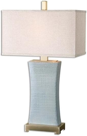 BOWERY HILL Contemporary Ceramic Table Lamp, 29 in Height, Blue Gray Glaze, Coffee Bronze Accents, Rectangle Rust Beige Shade, Indoor Use, 100W Compatible, Textured Design for Living Room or Bedroom