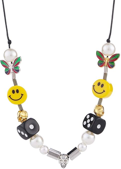 Smile Face Necklace ASAP Rocky Butterfly Dice Pearl Skull Preppy Aesthetic Alt Emo Hip Hop Street Dance Rock Necklace for Men Women