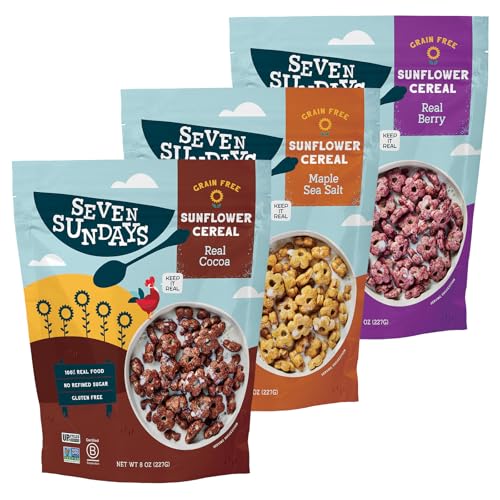 Seven Sundays Sunflower Cereal, Variety Pack, 8 Oz Bag Pack of 3, Grain & Gluten Free, Upcycled Protein, Maple Sea Salt, Real Berry, Real Cocoa