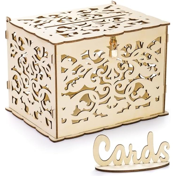 ZENFUN Wooden Wedding Card Box with Lock and Card Sign, Large Rustic Wood Hollow Card Box, Wedding Reception Box for Party Supplies, Baby Showers, Birthdays, Anniversaries