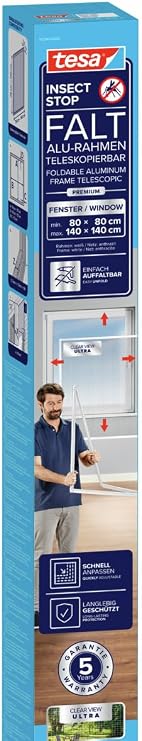 tesa Insect Stop Falt Window Foldable Aluminium Frame Fly Screen with Adjustable Telescopic Frame Frame in White 78 cm x 78 cm to 140 cm x 140 cm