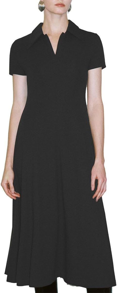 URBAN REVIVO Women's Summer Dress Short Sleeve Polo Lapel V Neck A-line Dresses Elegant Midi Sundress 2025