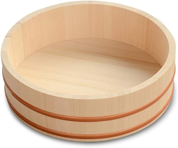 Kichgather 10.6" Wooden Sushi Rice Bowl Hangiri Sushi Oke Rice Mixing Tub | round size, natural wood, Light woody fragrance, rice mixing container