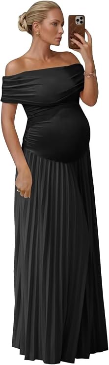 Changuan Off Shoulder Maternity Dress for Photoshoot Pleated Satin Baby Shower Dress Formal Pregnancy Gowns