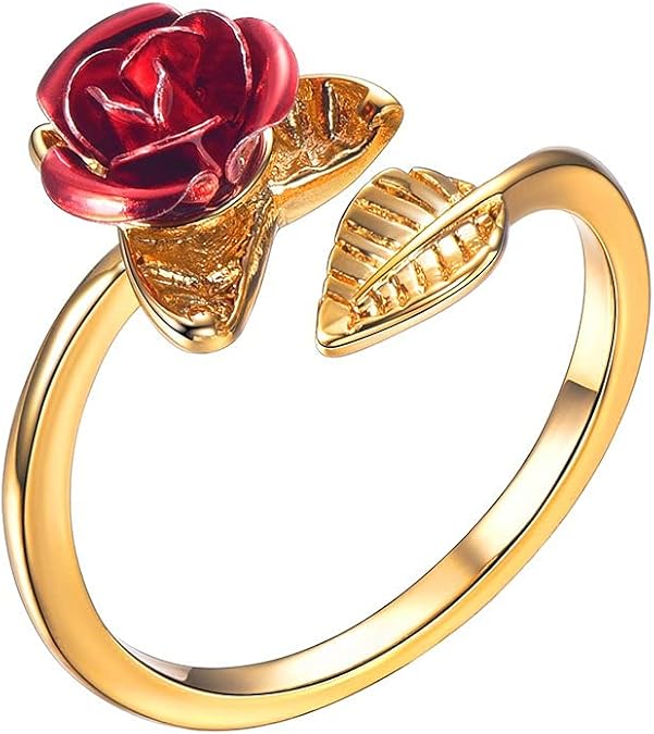 U7 Rose Flower Ring, Stackable Band Ring for Women Girls, Platinum Silver/Gold/Rose Gold Red Signet Rings Adjustable Fit Size 5 to 10