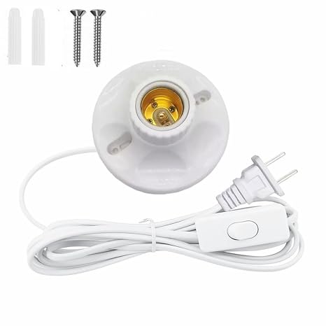 Light Bulb Socket with Cord, E26/ E27 Lamp Base, 20ft, White, Metal, Hanging, Edison Screw Base, 110V, 60W Max, Easy On/Off Switch, Versatile Use