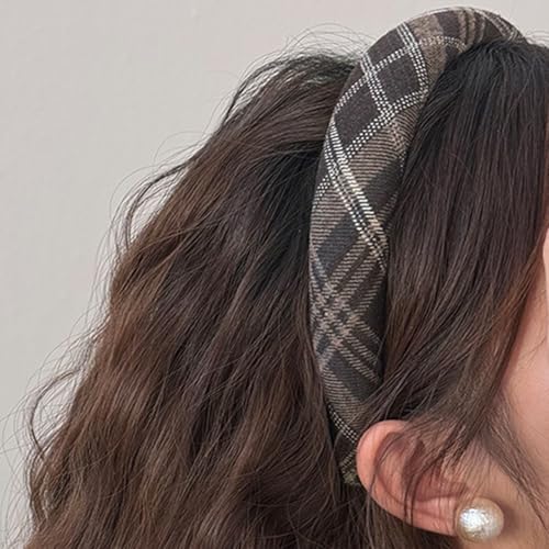 Macute Grid Series Headband for Women Handmade Hairbands Deep Brown Headband Christmas Party Hair Hoop Tartan Headbands for Styling Plaid Headwear Strong Stretching French Hair Accessories 1Pcs