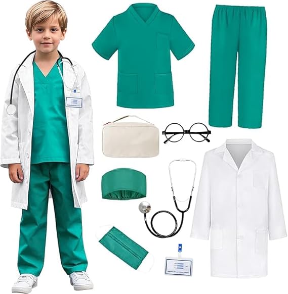 Doctor Costume for Kids Scrubs Halloween Costume Girls Boys 9 Pcs | Kids Pink Green Scrubs Set, Toddler Doctor Dress up Clothes with Real Stethoscope, Career Day Girls Boys Birthday Gift 3-11Y