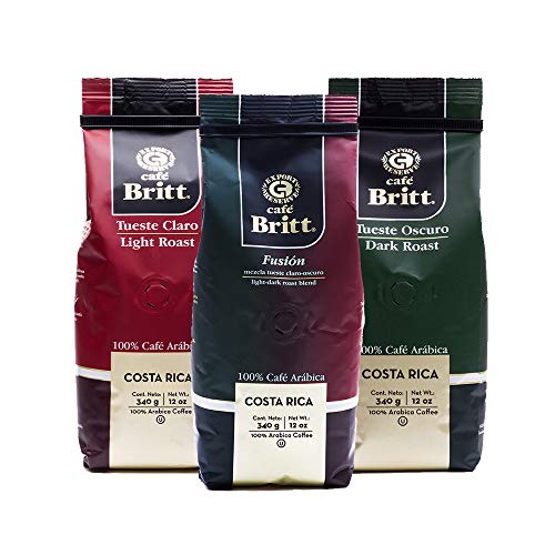 Cafe Britt - Costa Rican Blends Mixed Bundle Coffee 12 oz. 3-Pack - Whole Bean, Arabica Coffee, Kosher, Gluten Free, 100% Gourmet & Light, Medium Dark & Dark Roast