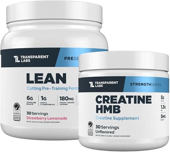 Transparent Labs Lean Pre-Workout (30 Servings, Strawberry Lemonade) & Creatine HMB (30 Servings, Unflavored)