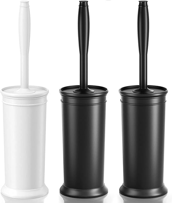 Toilet Brush, 3 Pack Toilet Bowl Brush with Extra Long Handle Durable Bristles Toilet Scrubber and Covered Holder for Toilet Brush Set for Bathroom Cleaning (White and Blackt)