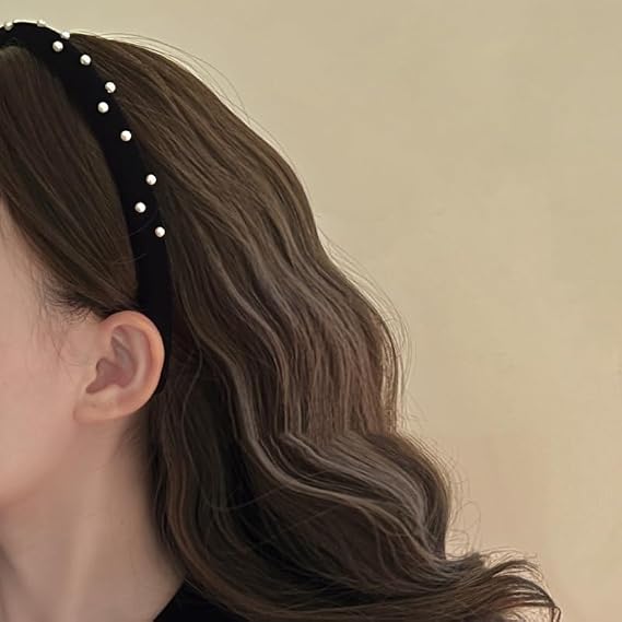 Black Headbands for Women Girls Pearl Velvet Headbands Non Slip Soft Thick Padded Headband Vintage Fall Turban Headband No Teeth Head Bands Hoops Headwear Fashion Styling Tools Accessories