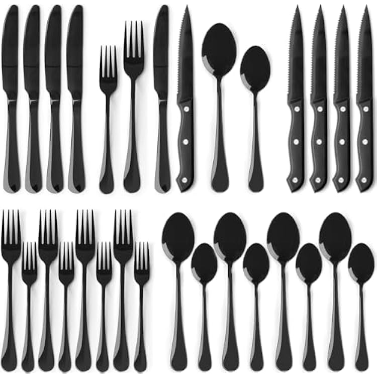 Astercook 24-Piece Black Silverware Set with Steak Knives Flatware Set for 4 Food-Grade Stainless Steel Cutlery Set Mirror Polished Utensils Set Include Spoons and Forks for Home Kitchen Restaurant