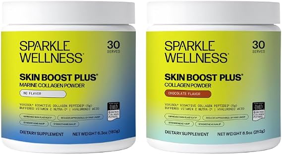 Sparkle Wellness Skin Boost Plus (Chocolate) [30-Serves] and Marine (No Flavor) [30-Serves] | VERISOL Bioactive Hydrolyzed Collagen Peptides to Improve Skin, Hair & Nail Health