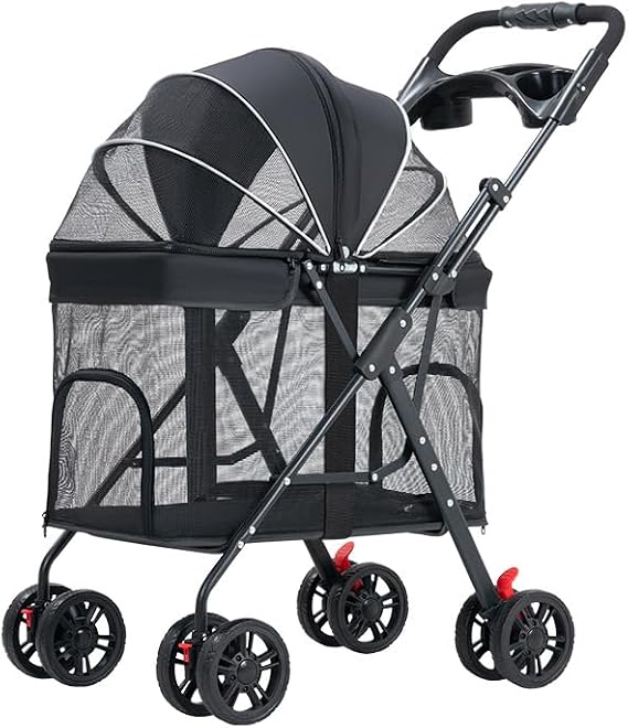 Pet Cart, Pet Buggy, One-Touch, Foldable, Large Space, Compact, Convenient Storage, 4 Wheels, Front Wheel 360° Rotation, Rear Wheel Brake, Lightweight, Dog Cart, Deep Envelope Black