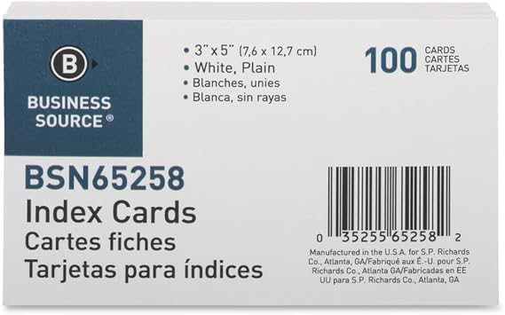 Business Source Index Cards, Plain, 3" x 5", White, 100 Count