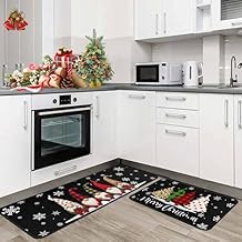 Merry Christmas Snowflake Buffalo Plaid Xmas Trees Gnomes Black Kitchen Rugs Set of 2, Non-Slip Kitchen Floor Mats in Front of Sink Absorbent Kitchen Mat 17"x47"+17"x30"