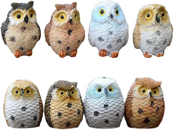 8 Pcs Mini Resin Owls - Miniature Owl Figurines for Fairy Garden, Dollhouse, Plant Pot, Cake Topper, Micro Landscape, Bonsai Craft Decor