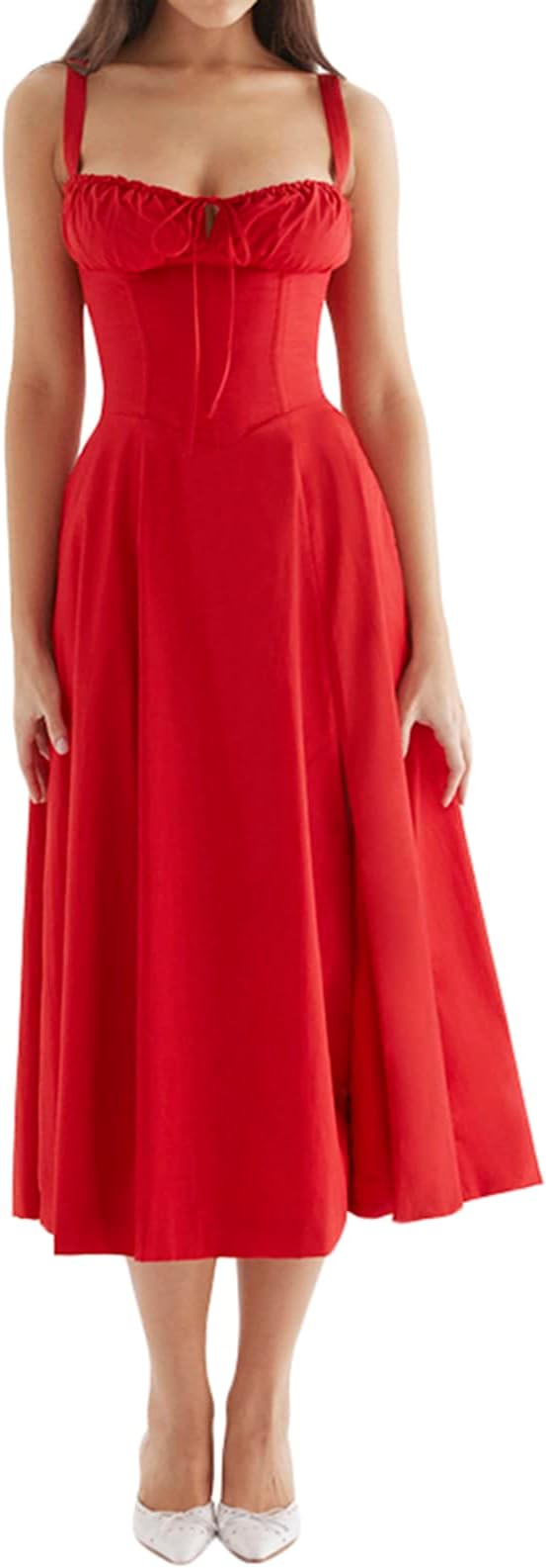 Women Y2k Square Neck Long Dress Low Cut Sleeveless Midi Dress Bustier Lace Trim Spaghetti Strap Going Out Swing Sundress
