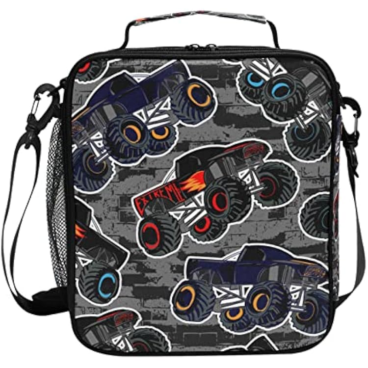 Kids Lunch Box Boys Girls Insulated Lunch Cooler Bag Cool Monster Truck Black Reusable Lunch Tote Kit for School Travel