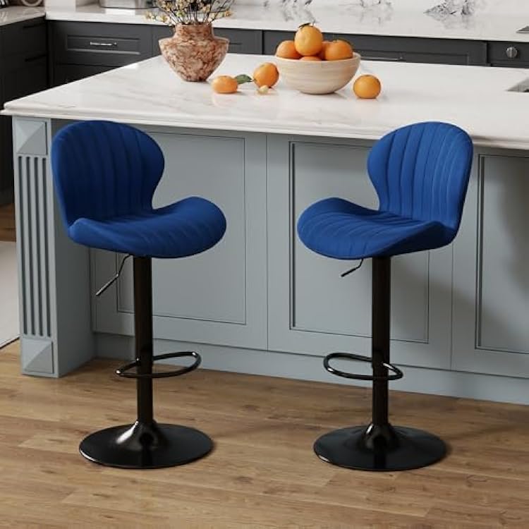 Youhauchair Modern Bar Stools Set of 2, Velvet Height Adjustable Swivel Barstools, Armless Kitchen Island Counter Chairs with Back & Footrest, Blue