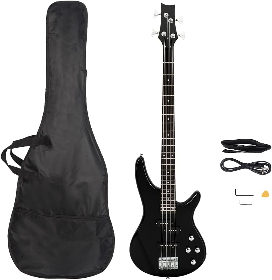 Bonnlo Electric Bass Guitar 4-String for Beginner Right Hand with Shoulder Strap, Wrench Tool, Power Line and Bag Black