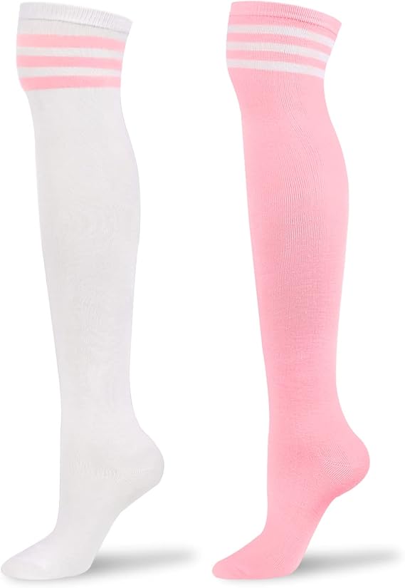 Littleforbig Knee High Thick and Soft School Girl Long Striped Tube Stockings College Style Socks 2 Pairs Set L - White and Pink