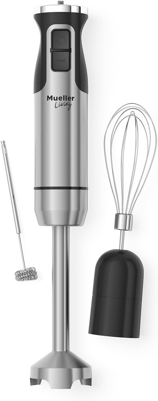 MuellerLiving Ultra-Stick Immersion Hand Blender, 500W Heavy Duty Motor, 8-Speed Turbo Setting, Includes Blending Shaft, Whisk, Milk Frother & Measuring Beaker | 500W Heavy Duty Motor | 8-Speed Turbo Setting | Includes Blending Shaft, Whisk, Milk Frother & Measuring Beaker