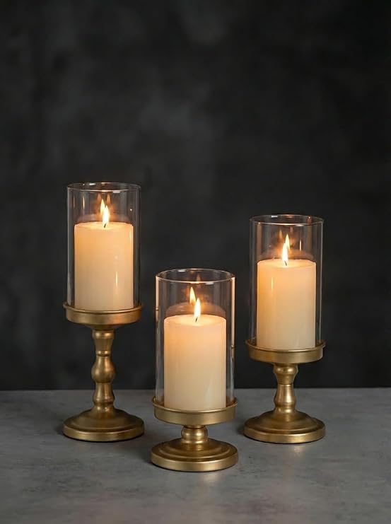 NUPTIO Hurricane Glass Candle Holders: Gold Pillar Candle Stand with Open Ended Chimney - Set of 3 Metal Candleholder for Fireplace Dining Table Centerpiece