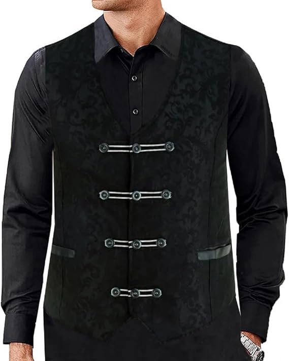 Darkrock Mens Black Gothic Steampunk Jacquard Brocade Vest Waistcoat Sleeveless