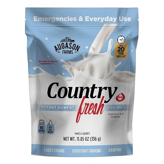 Augason Farms Country Fresh Instant Nonfat Dry Milk Powder Pouch | 16 Servings, 20 Year Shelf Life, Gluten Free, Vitamin-Fortified Nonfat Milk Powder for Baking and Emergency Food Supplies