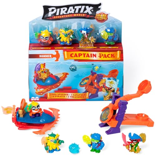 Shark Treasure Series, Captain Pack, Hammer. with 4 Piratix, 1 Golden Captain, 4 Crystals Accessories, Sea Speeder, Catapult, 2 Crystal Effect Flags, Pack 66