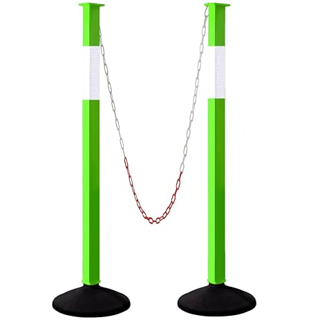 2 Pack Traffic Delineator Post Cones with Weighted Base, Adjustable Green Safety Cones with Reflective Collars & Plastic Chains, Construction Parking Barrier Cones for Driving Practice Driveway Road