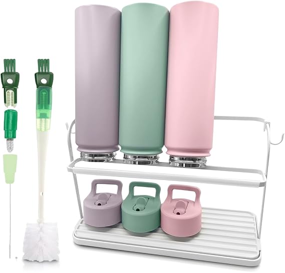 Cup Drying Rack for Counter, Water Bottle Drying Rack for Kitchen Counter, 2-Tier Tumbler, Mug and Glass Drying Rack with Drain Tray and 5-in-1 Cleaning Brush