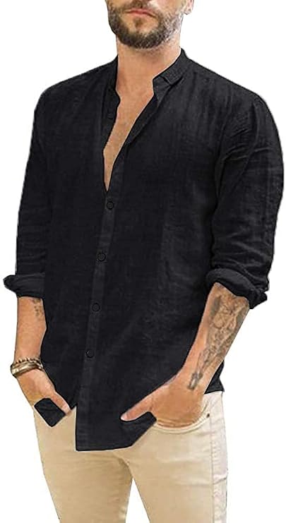 JEKAOYI Mens Summer Casual Long Sleeve Cotton Linen Shirts Button Up Solid Plain Roll-Up Sleeve Beach Shirts