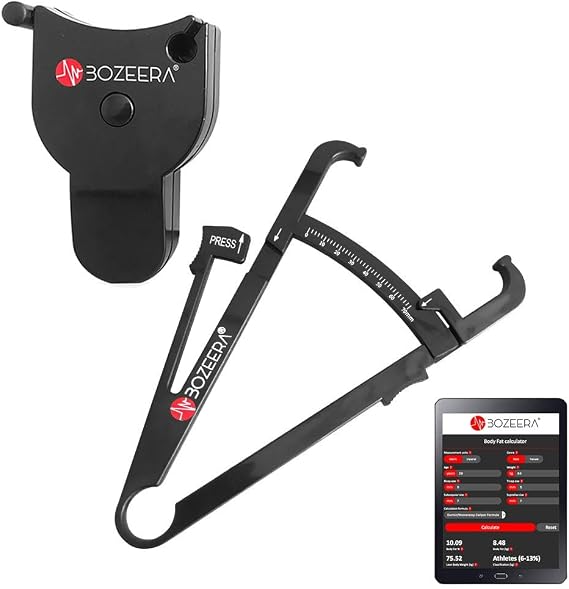 [BODY FAT CALIPER AND BODY MEASURING TAPE] / Skinfold Caliper and Body Tape Measure - Includes FREE Software, Video Interpretation, and English Manual - BOZEERA© - The complete set.
