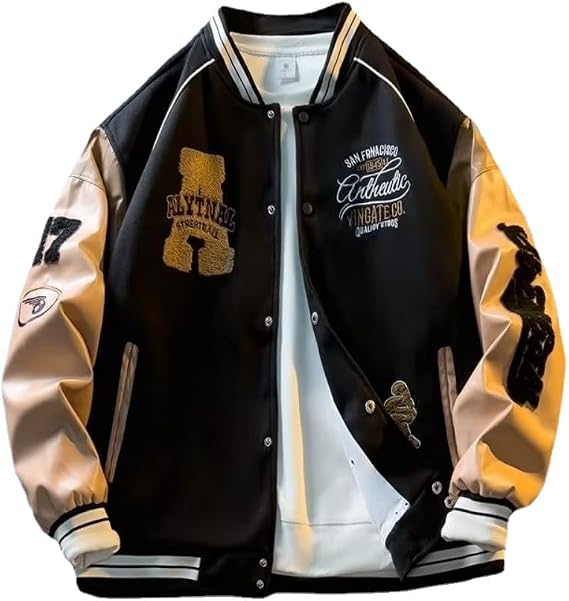Men's Varsity Jackets - College Bomber Jacket Vintage Sweatshirt Casual Unisex Streetwear Y2k Oversized Coats with Patch PU Leather Sleeves