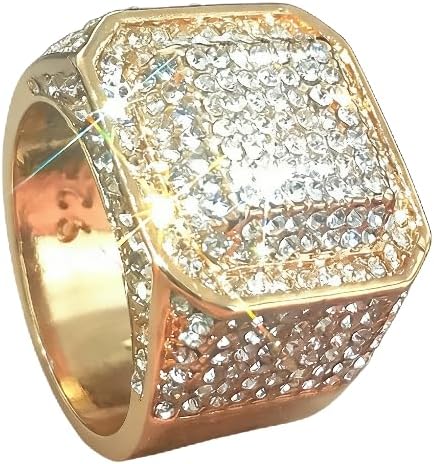 QUSIIOSLK 925 Sterling Silver Luxury Full Diamond Square Ring Iced Out Cubic Zirconia Rhinestone Ring Hip Hop Rock Gold Plated Bling Statement Ring Wide Band for Men (Size-10)