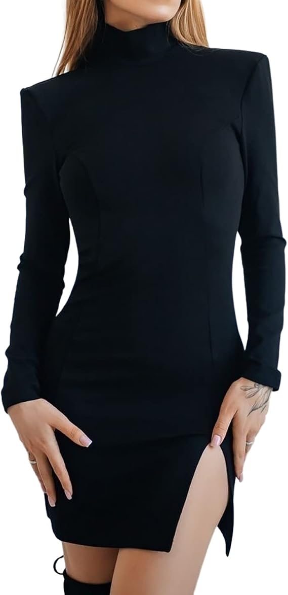 BYDIVA 2023 Women's Elegant Long Sleeve with Shoulder Pads Bodycon Side Split Dress