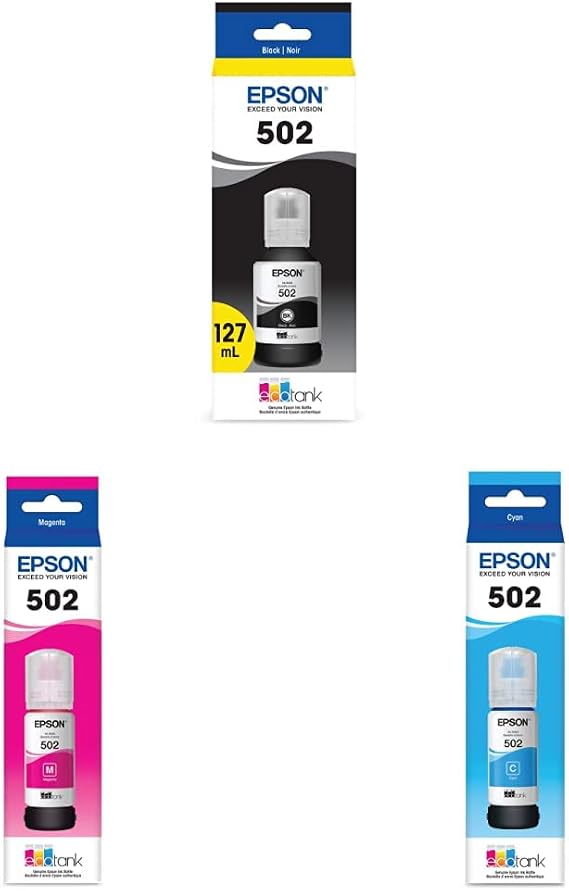 Epson T502 EcoTank Ink Ultra-high Capacity Bottle Black (T502120-S) T502 EcoTank Ink Ultra-high Capacity Bottle Magenta (T502320-S) T502 EcoTank Ink Ultra-high Capacity Bottle Cyan
